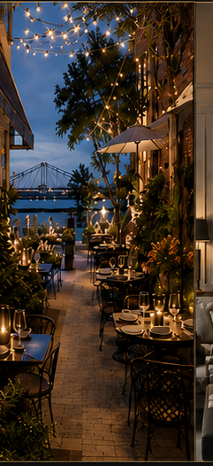 Courtyard dining under string lights
